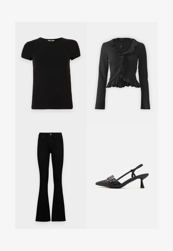 Top negro de manga larga con tejido texturizado, presenta un frente con volantes, diseño cruzado y un dobladillo con volantes. Sencillo y versátil.; Camiseta negra de manga corta con cuello redondo, hecha de suave tela de algodón, que presenta un diseño simple y sin patrones ni acentos visibles.; Jeans negros de cintura alta con cierre de botón y cremallera, bolsillos frontales y piernas acampanadas, dispuestos sobre un fondo blanco.; Simmi London DALA - Tacones - black