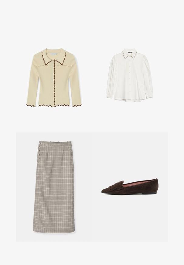 Cardigan crème à manches longues avec boutons, en maille côtelée, doté d'un col pointu et d'une bordure marron en zigzag sur le col, la patte de boutonnage, les poignets et l'ourlet.; Chemise blanche à manches longues avec un col classique, ornée d'une bordure de col décorative en perles et d'une patte de boutonnage sur le devant. Le tissu semble lisse et net.; Jupe longue à motif quadrillé en noir et blanc. Présente une coupe droite, une taille haute et des boutons décoratifs sur le côté. Fabriquée en tissu tissé.; Pretty Ballerinas ELLA - Chaussons - brown