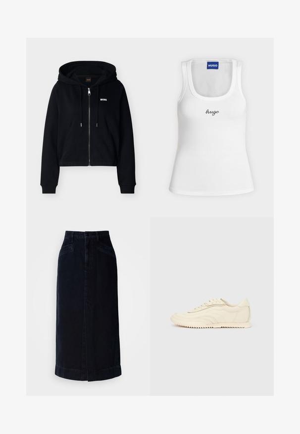 Schwarzer Kapuzenpullover mit durchgehendem Reißverschluss, Fronttaschen, verstellbarer Kordel am Kapuzenrand, gerippten Bündchen und kleinem weißem "BOSS"-Logo auf der Brust.; Weißes ärmelloses Tanktop mit Rundhalsausschnitt, "hugo" schwarz auf der Brustmitte gestickt, und blauem HUGO-Label im inneren Kragen.; Dunkelblaue Denim-Midikleid mit hoher Taille, vorderem Knopfverschluss und seitlichen Taschen; hat einen geraden Schnitt und dezente Saumdetails.; Niedrig geschnittener, cremefarbener Sneaker mit wellenförmiger Naht, Schnürverschluss und einer profilierten Sohle, seitlich auf einem einfarbigen Hintergrund dargestellt.