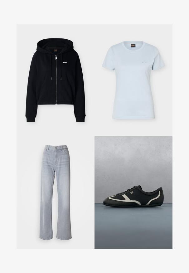 Sudadera negra con cremallera frontal, bolsillos delanteros, capucha ajustable con cordón, puños acanalados y pequeño logo blanco "BOSS" en el pecho.; Camiseta de manga corta para mujer en azul claro con cuello redondo, con pequeño logo "BOSS" bordado en el pecho izquierdo y etiqueta negra en el interior del cuello.; Jeans de pernera ancha en gris claro, con cintura alta, hechos de denim. Presentan bolsillos frontales, cremallera y un leve desvanecimiento por toda la prenda.; Zapatilla negra con empeine de cuero texturizado, acentos grises contrastantes, puntera redonda y suela plana. Cuenta con cordones y logo de la marca en el lateral.
