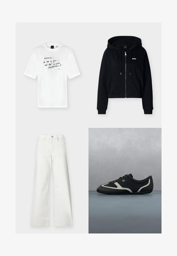 Sweat à capuche noir avec fermeture éclair, poches avant, capuche réglable avec cordon, poignets côtelés, et petit logo blanc "BOSS" sur la poitrine.; T-shirt blanc à manches courtes avec un texte manuscrit noir affichant "Reminder... No one is you and that is your superpower" et un petit dessin de cœur.; Jean blanc taille haute à jambes larges, fermeture à boutons devant, passants de ceinture et poches avant sur fond uni.; Baskets noires avec tige en cuir texturé, accents gris contrastants, bout rond et semelle plate. Dotées de lacets et d'un logo de marque sur le côté.