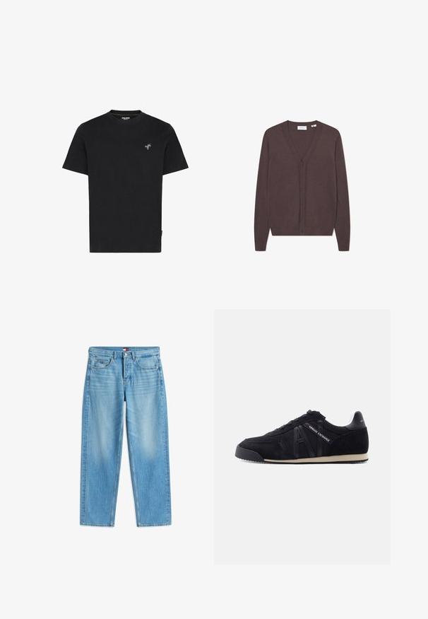 Brun cardigan med V-hals, lange ærmer og knaplukning. Lavet af blødt materiale med ribbede manchetter og kant.; Sort bomulds T-shirt med rund hals og korte ærmer, med en lille broderet grøn palmetræ på venstre bryst.; Lyseblå afslappede jeans med lige ben, forlommer, bæltestropper og knaplukning, lagt fladt på en hvid baggrund.; Sort lavtop Armani Exchange sneaker med mesh- og ruskindspaneler, logo tekst på siden og hælen, beige sål og sorte snørebånd.