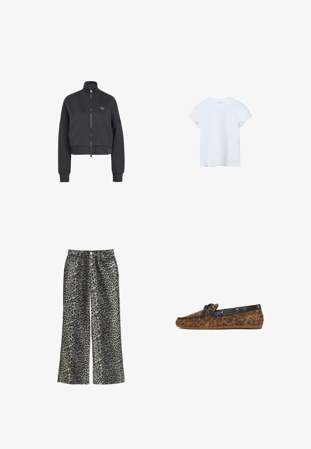 Zwarte cropped zip-up jas met lange mouwen en hoge kraag, met een klein Adidas trefoil-logo op de linkerborst.; Effen lichtblauw T-shirt met korte mouwen en een ronde hals, plat gelegd op een witte achtergrond.; Leopardprint wijde broek van zachte stof, met een hoge taille, vijf zakken en metalen knoopsluiting.; Bruine mocassin met luipaardprint, zwarte leren biezen, veterdetail en platte rubberen zool, zijaanzicht op witte achtergrond.