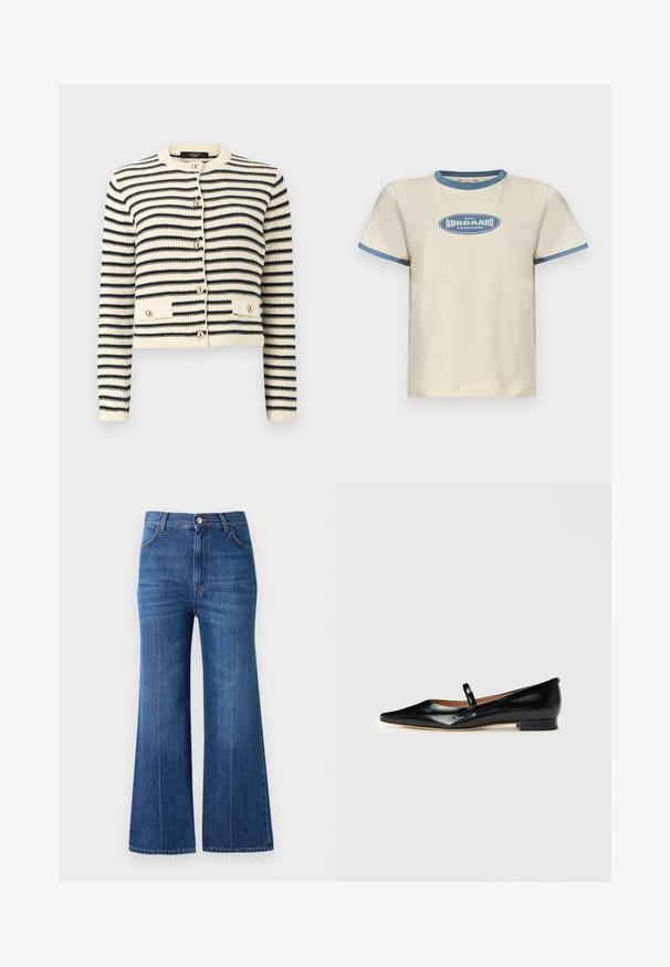 Strikket cardigan med creme- og sortstriber, lange ærmer, rund halsudskæring, knapper foran og to knap-lommer ved taljen.; Beige bomuld T-shirt med blå ribbet krave og ærmekanter, med et centralt logo, der lyder "MADS NØRGAARD COPENHAGEN."; Bredde ben jeans i mørkeblå denim, med høj talje, diskret slidte detaljer og klassisk fem-lomme-design. Syet med kontrasttråd.; Sorte patenterede læder Mary Jane flade sko med spids tå, én rem og lav hæl på ensfarvet baggrund.