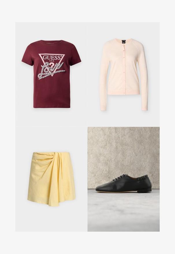 Cardigan rose clair en tissu doux, doté d'un col rond, de manches longues et d'une patte de boutonnage avec des boutons assortis.; T-shirt bordeaux à manches courtes avec un logo en triangle GUESS USA rose pâle et le texte cursif "Love" orné de strass.; Jupe mini jaune avec un détail froncé créant de doux plis sur le devant, en tissu léger.; Chaussure plate en cuir noir à lacets, bout arrondi et petit talon, vue de profil droit sur un fond clair.