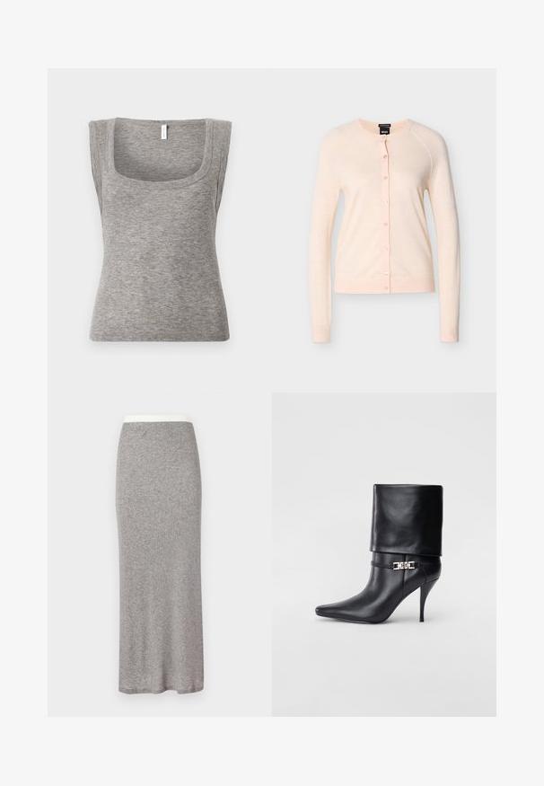 Cardigan rose clair en tissu doux, doté d'un col rond, de manches longues et d'une patte de boutonnage avec des boutons assortis.; Débardeur gris sans manches en maille côtelée avec un décolleté carré et une silhouette ajustée, présentant une texture lisse et une légère élasticité.; Jupe longue en maille grise au toucher doux, taille cintrée. Design simple, sans motifs ni accessoires visibles.; Bottine en cuir noir avec un bout pointu, un haut talon aiguille, un revers, et un détail décoratif en boucle dorée au niveau de la cheville.