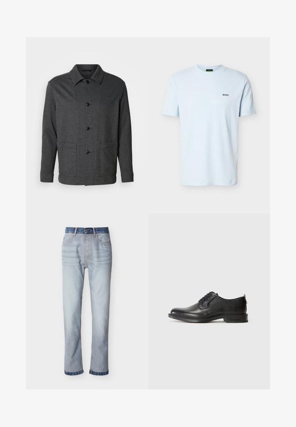 Chaqueta gris oscuro hecha de material texturizado con cierre de botones, cuello puntiagudo y dos bolsillos laterales.; Camiseta de color azul claro con manga corta y cuello redondo, con un pequeño logo negro "BOSS" en el pecho izquierdo.; Jeans de mezclilla azul claro con cintura azul oscuro, diseño de pierna recta, cinco bolsillos y detalles de costuras visibles.; Zapato de vestir para hombre de cuero negro con cordones, tacón bajo y acabado suave, mostrado en perfil lateral sobre un fondo claro y liso.