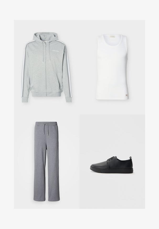 Lysegrå hættetrøje med lynlås, hvide og sorte striber på ærmerne, forlommer, snøre i hætten og Calvin Klein-logo på brystet.; Hvid ribbet ærmeløs tanktop med rund halsudskæring og lille Calvin Klein-logo mærke nær kanten på ensfarvet baggrund.; Grå, brede sweatpants lavet af blødt materiale; har en elastisk talje med snøre og ingen lommer. Enkelt, udekoreret design.; Sorte lædersneakers med en glat finish, rund tå, tonalt syning, snøring foran og en flad gummisål. Løkke ved hælen.