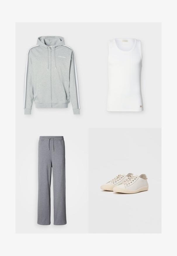 Lysegrå hættetrøje med lynlås, hvide og sorte striber på ærmerne, forlommer, snøre i hætten og Calvin Klein-logo på brystet.; Hvid ribbet ærmeløs tanktop med rund halsudskæring og lille Calvin Klein-logo mærke nær kanten på ensfarvet baggrund.; Grå, brede sweatpants lavet af blødt materiale; har en elastisk talje med snøre og ingen lommer. Enkelt, udekoreret design.; Hvide sneakers lavet af glat læder med tonede stikninger, snørebåndslukning, rund tå og en tekstureret gummisål.