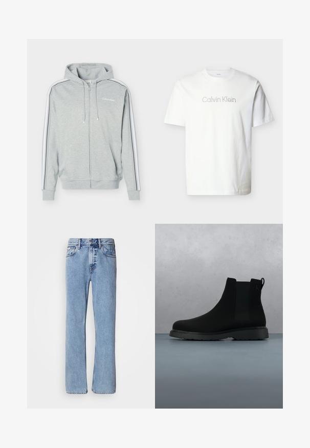 Sweat à capuche zippé gris clair avec des rayures blanches et noires sur les manches, des poches avant, une capuche avec cordon et le logo Calvin Klein sur la poitrine.; T-shirt blanc à manches courtes en coton, avec un logo "Calvin Klein" gris sur la poitrine en police minimaliste.; Jean en denim bleu clair avec une coupe droite, cinq poches et une fermeture à bouton. Détails de couture près des poches et de la taille.; Bottine noire en matériau lisse avec des coutures subtiles, une semelle en caoutchouc et un design épuré, positionnée au-dessus d'une surface à texture bois.