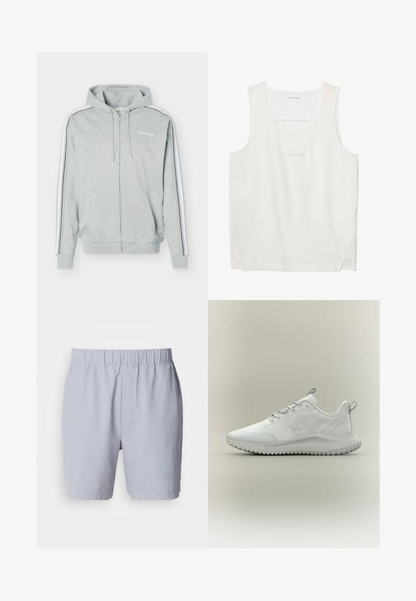 Lysegrå hættetrøje med lynlås, hvide og sorte striber på ærmerne, forlommer, snøre i hætten og Calvin Klein-logo på brystet.; Hvid Calvin Klein ærmeløs tanktop med rund halsudskæring og subtilt logo på brystet.; Lysegrå badebukser med elastisk talje, to sidelommer og et glat, letvægtsstof. Ingen synlige mønstre eller udsmykninger.; Hvid lavtop atletiksko med tekstureret sål, snørebånd foran og "cK" logo på siden, vist i profil på en neutral baggrund.