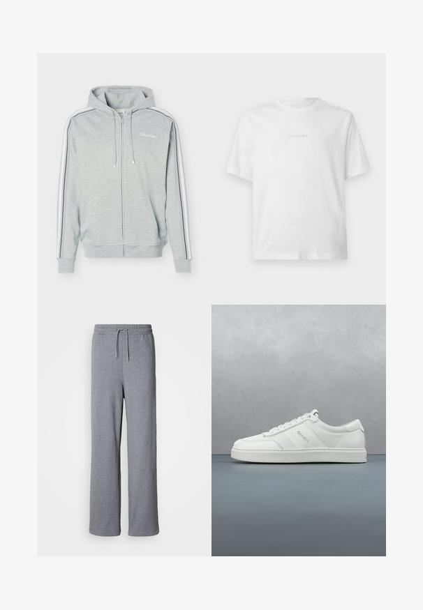 Sudadera con capucha gris claro con cremallera, con franjas blancas y negras en las mangas, bolsillos delanteros, capucha con cordón y el logo de Calvin Klein en el pecho.; Camiseta blanca de manga corta con cuello redondo y discreto logo en relieve de Calvin Klein centrado en el pecho.; Pantalones de chándal anchos y grises, hechos de material suave; cuentan con una cintura elástica con cordón y sin bolsillos. Diseño simple y sin adornos.; Zapatilla baja blanca con detalle de cordones, paneles de cuero texturizado y un sutil logotipo en el costado, sobre un fondo claro y liso.