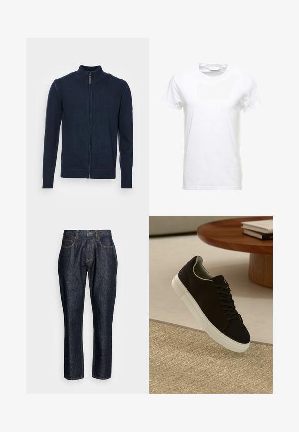 Marineblå zip-up sweater med høj krave, ribbede manchetter og kant, glat strik tekstur og detaljer med sidelapper.; Hvid bomulds T-shirt med korte ærmer, rund halsdesign og en glat tekstur. Etiket synlig ved halsudskæringen. Enkel og klassisk stil.; Mørkeblå denim jeans med lige ben design, lys gylden stikning, forlommer og en enkelt knaplukning i taljen.; Sort sneaker med hvid sål svævende over en beige tekstureret tæppe nær et rundt trætabel med stablede bøger.