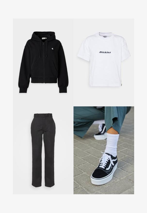 Čierna mikina na zips s kapucňou, šnúrkami, prednými vreckami, rebrovanými manžetami a spodným lemom a malým bielym logom na ľavej strane hrude.; Dickies LORETTO TEE - Tričko s potlačou - white; Čierne nohavice s hladkou textúrou, rovnými nohavicami a opaskom v páse. Majú jednoduchý, klasický siluetu bez ďalších vzorov.; Čierne semišové tenisky s bielymi akcentmi a šnúrkami, s hrubou bielou podrážkou a kontrastným prešívaním, doplnené o bielu ponožku.