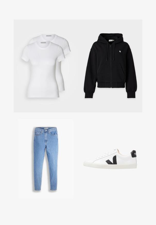 Sweat à capuche noir zippé avec cordons de serrage, poches avant, poignets et bas côtelés, et un petit logo blanc sur la poitrine gauche.; Deux t-shirts en coton blanc à manches courtes, à encolure ronde et à coupe ajustée, présentant une texture lisse et un design minimaliste.; Jean slim taille haute bleu clair avec poches avant et arrière, fermeture à bouton et passes de ceinture sur un fond blanc.; Baskets blanches avec un logo V noir, présentant un dessus en cuir lisse, un bout rond, un système de laçage et un empiècement au talon noir contrastant.
