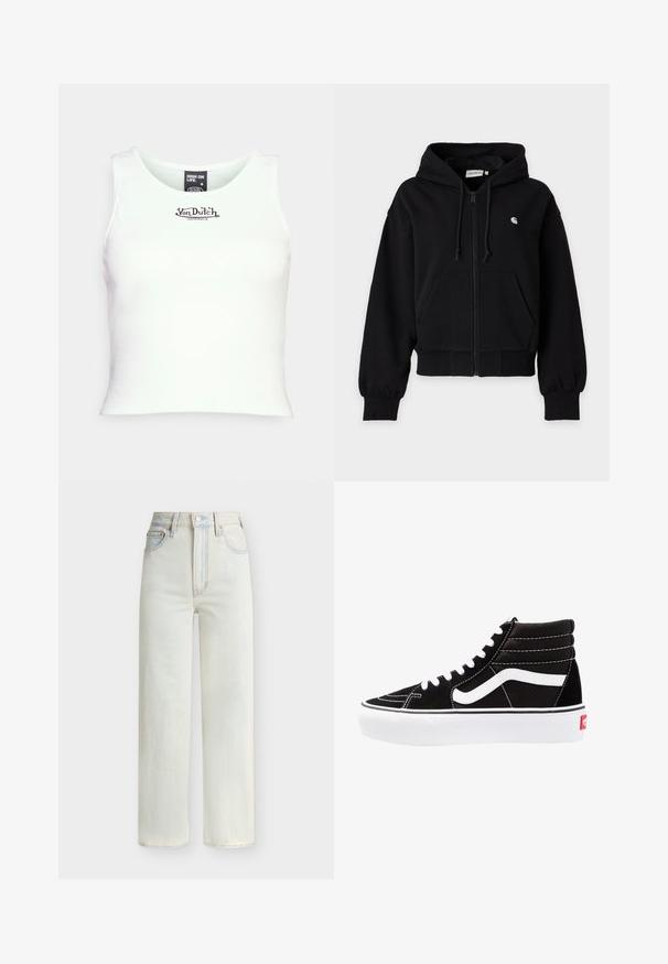 Schwarzer Zip-Hoodie mit Kordelzug, Fronttaschen, gerippten Bündchen und Saum sowie kleinem weißem Logo auf der linken Brust.; Weißes, geripptes Croptop mit Rundhalsausschnitt und schwarzem "Von Dutch"-Logo in der Mitte. Hergestellt aus einem dehnbaren Baumwoll-Mischgewebe.; Hoch sitzende Jeans mit geradem Bein in Hellblau, mit vorderem Knopf, Reißverschluss und Fünf-Taschen-Stil.; Schwarze High-Top-Sneaker mit weißen Schnürsenkeln, einem weißen Logo und kontrastierendem weißen Nähten. Verfügt über eine dicke weiße Sohle und ein strukturiertes Wildleder-Obermaterial.