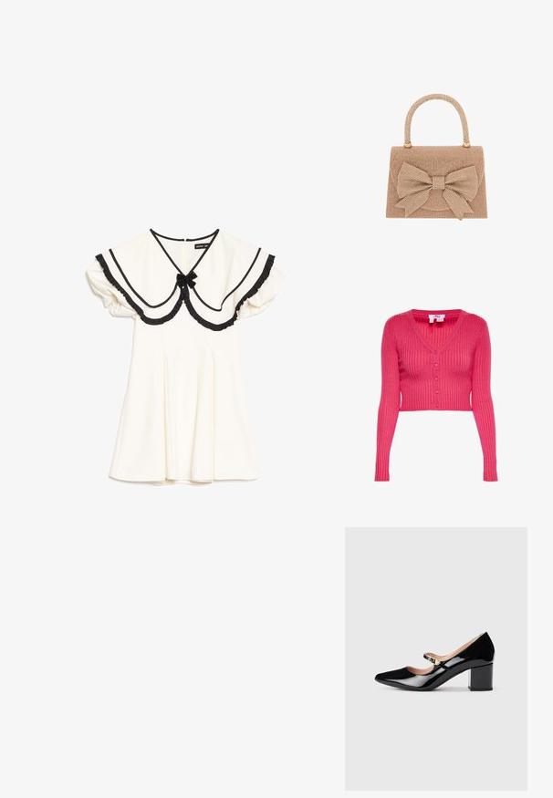 Pink gerippte Strick-Cropped-Cardigan mit langen Ärmeln und fünf Knöpfen vorne, gezeigt auf weißem Hintergrund.; Cremefarbenes Kleid mit übergroßem, schwarz eingefasstem Kragen, schwarzen Rüschensäumen, kurzen Puffärmeln und einer kleinen schwarzen Schleife am Ausschnitt.; Schwarze Lackleder-Mary-Jane-High Heels mit spitzem Zehen, einem mittelhohen Blockabsatz und einer dekorativen goldenen Schnalle am Riemen.; Beige Handtasche mit strukturiertem Körper, texturiertem Stoff, verziert mit kleinen metallischen Nieten und einem großen Schleifenakzent an der Vorderseite.