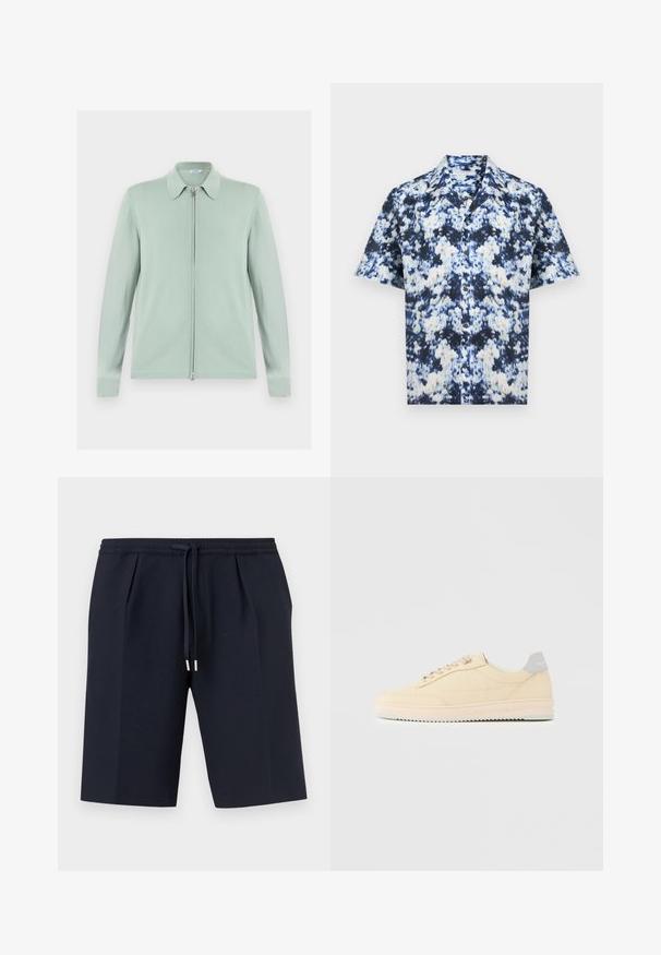 Cardigan vert clair à fermeture éclair, manches longues et col pointu, présenté à plat sur fond blanc.; Chemise à manches courtes avec boutons, arborant un motif floral abstrait bleu, blanc et noir, dotée d'un col style camp.; Shorts bleu marine longueur genou avec taille élastique et cordon de serrage ajustable avec embouts métalliques, design avant plat.; Baskets basses beige à lacets, semelle rose clair et languette grise à l'arrière marquée "Filling Pieces", vues de profil sur fond uni.