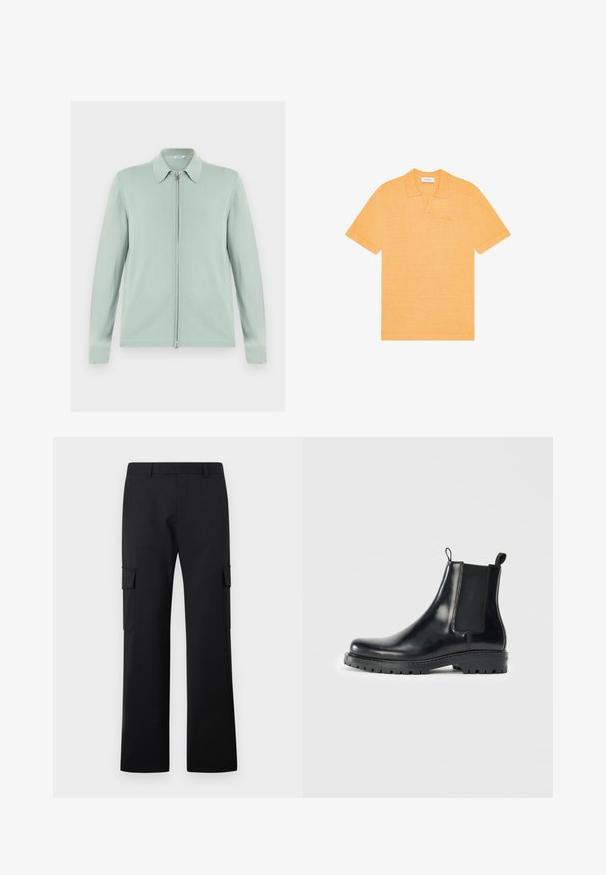 Cardigan vert clair à fermeture éclair, manches longues et col pointu, présenté à plat sur fond blanc.; Polo jaune à manches courtes avec col, ouverture en V et logo brodé discret sur la poitrine gauche.; Pantalon cargo noir à jambes droites avec poches à rabat latérales et passants de ceinture sur fond blanc uni.; Bottes Chelsea en cuir noir avec des panneaux élastiques sur les côtés, une languette pour un enfilage facile et une semelle en caoutchouc robuste avec une adhérence texturée.