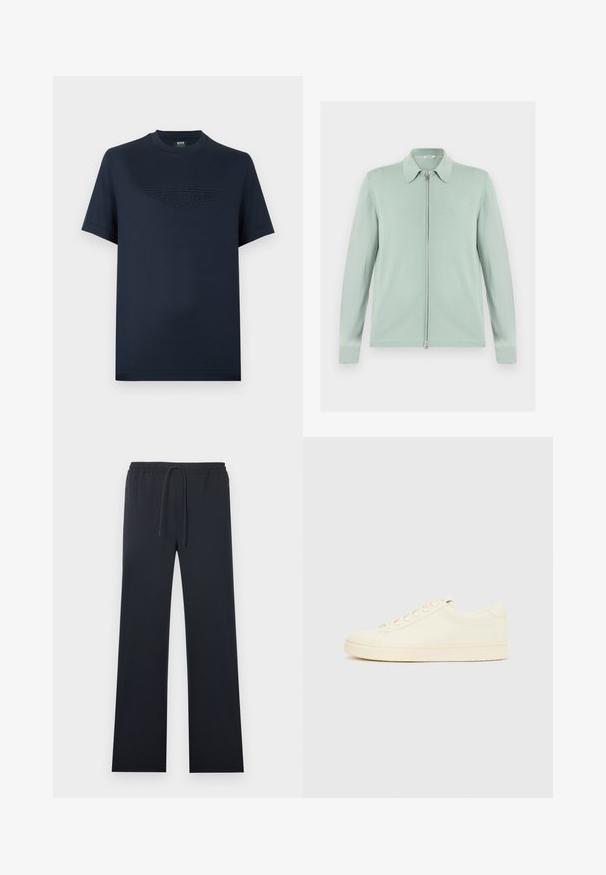Cardigan vert clair à fermeture éclair, manches longues et col pointu, présenté à plat sur fond blanc.; T-shirt en coton bleu marine à manches courtes, avec un logo ailé Aston Martin texturé sur le devant. Col rond classique, coupe décontractée.; Pantalon noir droit avec taille élastique et cordon de serrage ajustable, doté de poches latérales à fermeture éclair.; Baskets couleur crème avec une tige en cuir lisse, bout arrondi, laçage à l'avant et semelle en caoutchouc texturée. Design minimaliste, sans logo.