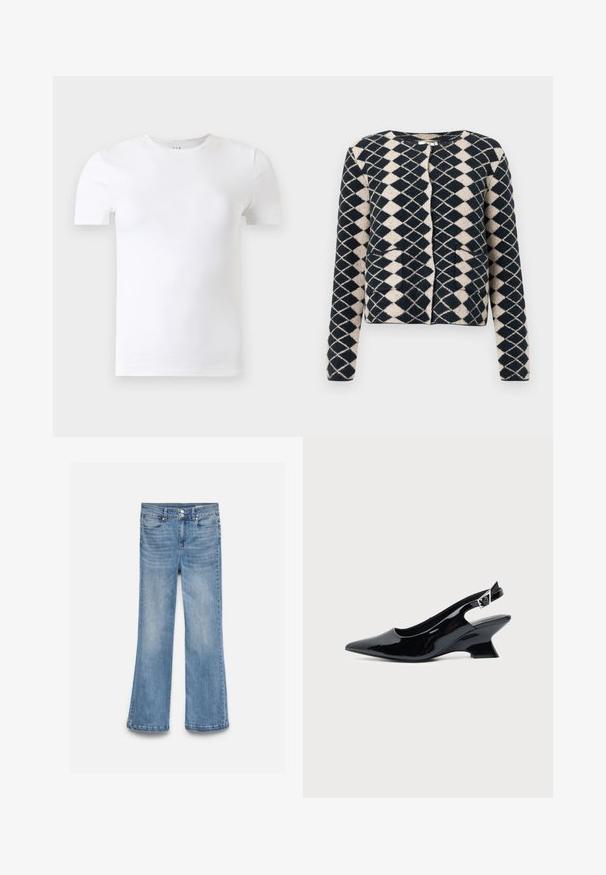 Cardigan en maille à motifs losanges noir et beige, avec des manches longues et des poches avant, présenté sur un fond blanc.; T-shirt blanc uni à manches courtes et col rond présenté sur un fond gris clair.; Jean en denim bleu clair avec une taille haute, une fermeture double bouton, des poches avant et arrière, et des jambes légèrement évasées.; Chaussure slingback en cuir verni noir avec bout pointu et petit talon bloc incliné sur fond clair uni.