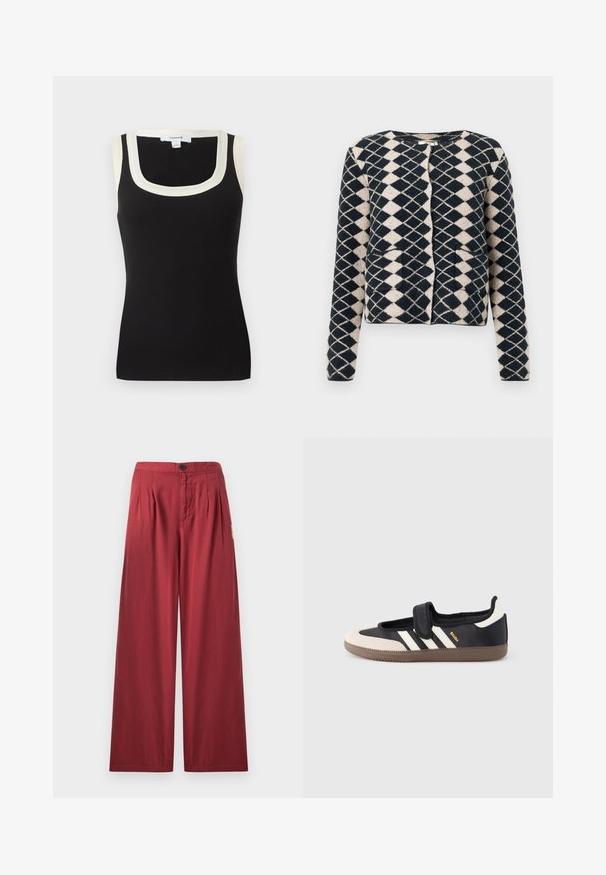 Cardigan de punto de patrón de diamantes en negro y beige, con mangas largas y bolsillos frontales, exhibido sobre un fondo blanco.; Camiseta sin mangas de canalé negra con escote cuadrado amplio y ribete blanco alrededor del cuello y las sisas.; Pantalones rojos de pierna ancha con pliegues delanteros, cierre de botones y bolsillos laterales, mostrados contra un fondo claro y liso.; Zapatilla negra y beige con una correa de velcro, tres rayas blancas en el lateral y una suela de goma marrón texturizada. Logotipo de la marca visible.