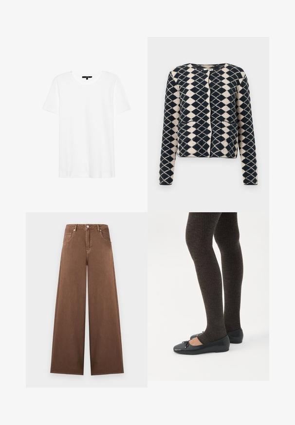 Zwart en beige gebreid cardigan met ruitpatroon, lange mouwen en voorzakken, weergegeven tegen een witte achtergrond.; Witte t-shirt met korte mouwen en een ronde hals. Gemaakt van zachte stof, heeft het een relaxte pasvorm en een eenvoudig ontwerp zonder patronen of accenten.; Bruine wijde spijkerbroeken met hoge taille, sluiting met knoop en rits aan de voorkant, en een ontwerp met vijf zakken.; Benen met donkere geribbelde leggings gecombineerd met zwarte ballerina's met kleine strikdetails op een witte achtergrond.