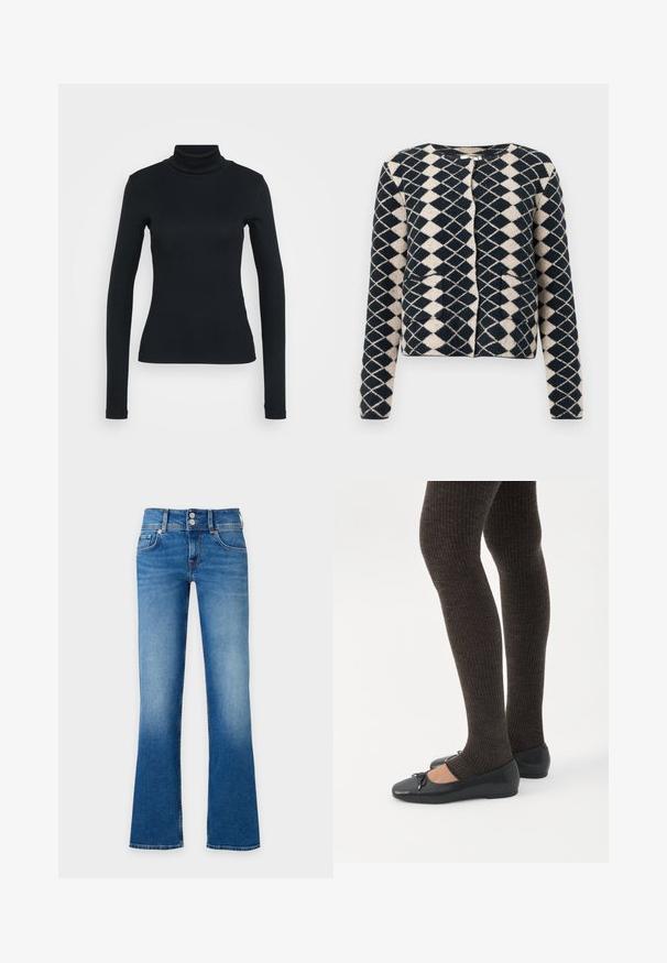 Cardigan de punto de patrón de diamantes en negro y beige, con mangas largas y bolsillos frontales, exhibido sobre un fondo blanco.; Jersey de cuello alto de manga larga negro con una silueta ajustada sobre un fondo claro.; Vaqueros de mezclilla azul con cintura alta, dos botones frontales, bolsillos delanteros y piernas ligeramente acampanadas.; Piernas con leggings oscuros acanalados combinados con bailarinas negras que presentan pequeños detalles de lazo sobre un fondo blanco.