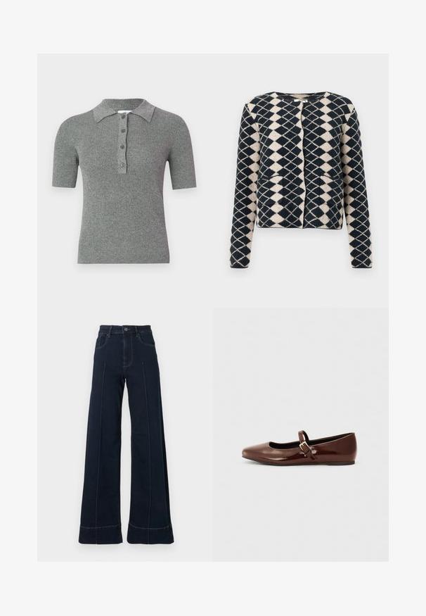 Cardigan en maille à motifs losanges noir et beige, avec des manches longues et des poches avant, présenté sur un fond blanc.; Polo gris côtelé avec un col à revers, des manches courtes et une patte de boutonnage à trois boutons. Fabriqué en tissu tricoté texturé.; Jean large bleu foncé à taille haute, avec des poches avant et des coutures visibles. Fabriqué en denim avec une texture lisse.; Ballerine en cuir verni marron avec un bout carré et une lanière ornée d'une petite boucle dorée. Texture lisse, talon bas et design minimaliste.