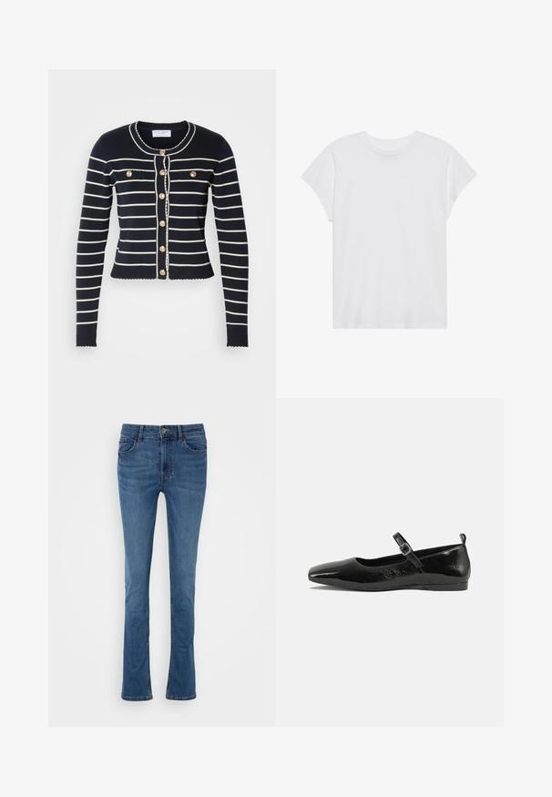 Marineblå cardigan med hvide vandrette striber, guldknapper og bølget nederkant. Har to forlommer og en rund halsudskæring.; Hvid kortærmet t-shirt med rund hals, afslappet pasform, lavet af blødt bomuldsstof. Glat tekstur, ingen mønstre eller logoer.; Blå denim flared jeans med fem lommer, bæltestropper og en lynlås foran. Har en glat tekstur og let falmende.; Sorte patentlæder flade sko med spidse tæer, en ankelrem med spænde og en glat, blank tekstur. Lav hæl for komfort.