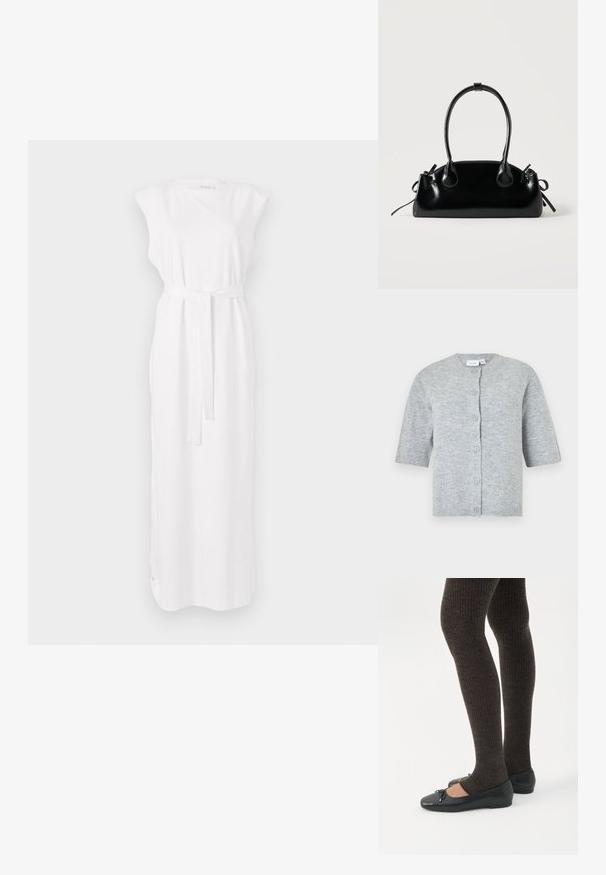 Grijze kortermige cardigan gemaakt van zachte gebreide stof, met een ronde halslijn, vijf knopen en geribbelde manchetten en zoom.; Witte, mouwloze maxi-jurk met een riem in de taille, met een zachte textuur en een rechte silhouet. Eenvoudig ontwerp zonder patronen.; Benen met donkere geribbelde leggings gecombineerd met zwarte ballerina's met kleine strikdetails op een witte achtergrond.; Kleine zwarte glanzende handtas met twee lange hengsels en zijkant trekkoord details op een effen lichte achtergrond.