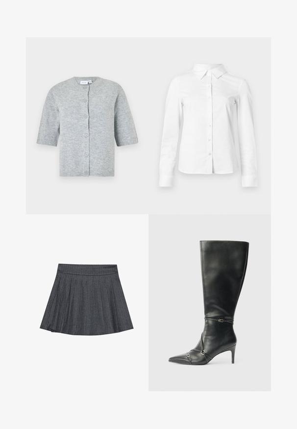 Grå kortærmet cardigan lavet af blødt strikmateriale, der har rund halsudskæring, fem knapper samt ribstrikkede manchetter og kant.; Hvid skjorte med lange ærmer, knapper, spids krave, lige kant og tætsiddende silhuet, vist på en ensartet lys baggrund.; Grå stribede skater nederdel med en tætsiddende talje, udformet i A-linje og en blød stofstruktur. Lodrette linjer øger den visuelle interesse.; Sorte knæhøje støvler i læder med en slank hæl, spids tå og remdetaljer ved anklen. Glat tekstur og tætsiddende design.