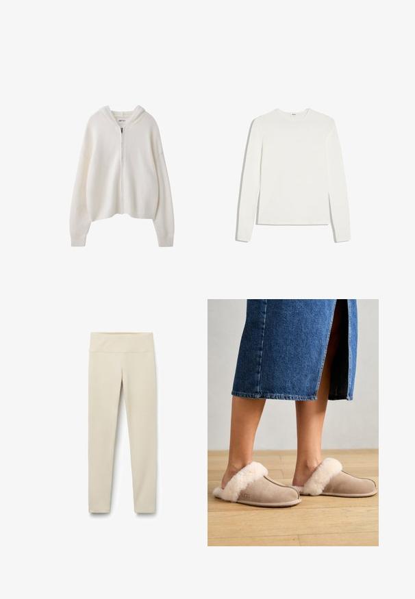 Witte hoodie met lange mouwen en rits, met geribbelde boorden en zoom, gemaakt van zachte gebreide stof, getoond op een witte achtergrond.; Effen wit shirt met lange mouwen en ronde hals, slim fit, plat gelegd op een witte achtergrond.; Beige leggings met een hoge, brede tailleband, gemaakt van een zachte, rekbare stof. Rechthuidig ontwerp zonder zichtbare naden of patronen.; UGG SCUFFETTE II - Pantoffels - sand