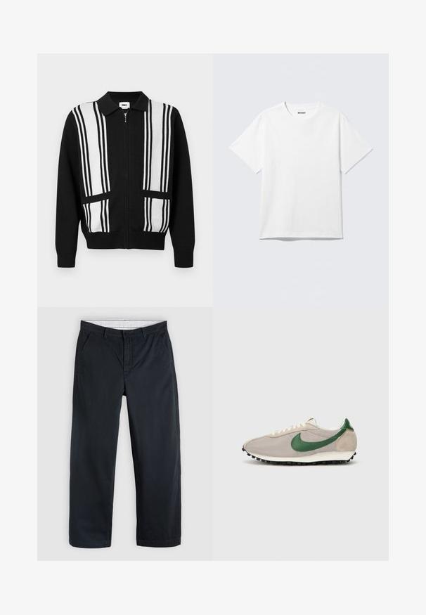 Cardigan negro con cremallera, con rayas verticales blancas y dos bolsillos delanteros, que cuenta con un cuello y puños y bajo acanalados.; Camiseta blanca de manga corta con cuello redondo, colocada plana, diseño liso, con etiqueta "WEEKDAY" en el interior del cuello sobre un fondo claro.; Pantalones de corte recto azul marino con trabillas para cinturón, bolsillos laterales, cierre de botón y cremallera, sobre un fondo gris claro.; Zapatillas de correr beige con acentos de gamuza verde, parte superior de malla texturada, cordones crema y suela de goma negra con tacos de tracción.