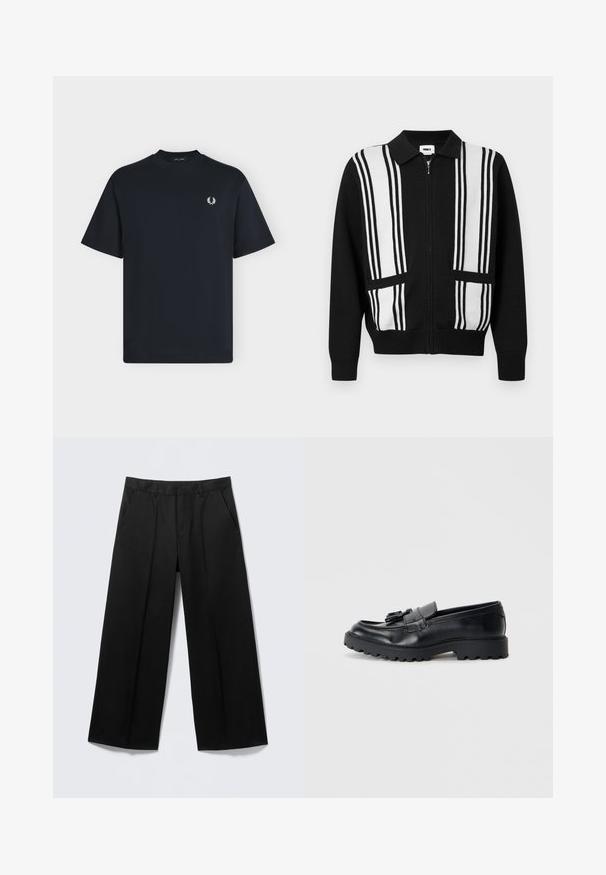 Cardigan noir à fermeture éclair avec des rayures verticales blanches et deux poches avant, doté d'un col ainsi que de poignets et d'un ourlet côtelés.; T-shirt noir à manches courtes et col rond avec petit logo de couronne de laurier blanche sur le côté gauche de la poitrine, présenté sur un fond clair uni.; Pantalon large noir avec passants pour ceinture, poches avant et fermeture éclair, présenté sur un fond gris clair.; Mocassins en cuir noir avec une finition brillante, semelle en caoutchouc épaisse et détail de frange décoratif à l'avant.