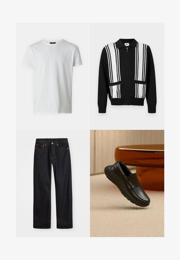 Cardigan negro con cremallera, con rayas verticales blancas y dos bolsillos delanteros, que cuenta con un cuello y puños y bajo acanalados.; Camiseta blanca de manga corta y cuello redondo, hecha de algodón con una textura suave. Presenta una etiqueta en el cuello. Diseño simple y liso.; Jeans de mezclilla negros de pierna recta para hombre, con cinco bolsillos y costuras en color naranja, cierre de botón y cremallera en la parte delantera de la cintura.; Mocasín de cuero negro con suela gruesa, mostrado sobre una alfombra beige y cerca de una base de mesa redonda de color ámbar.