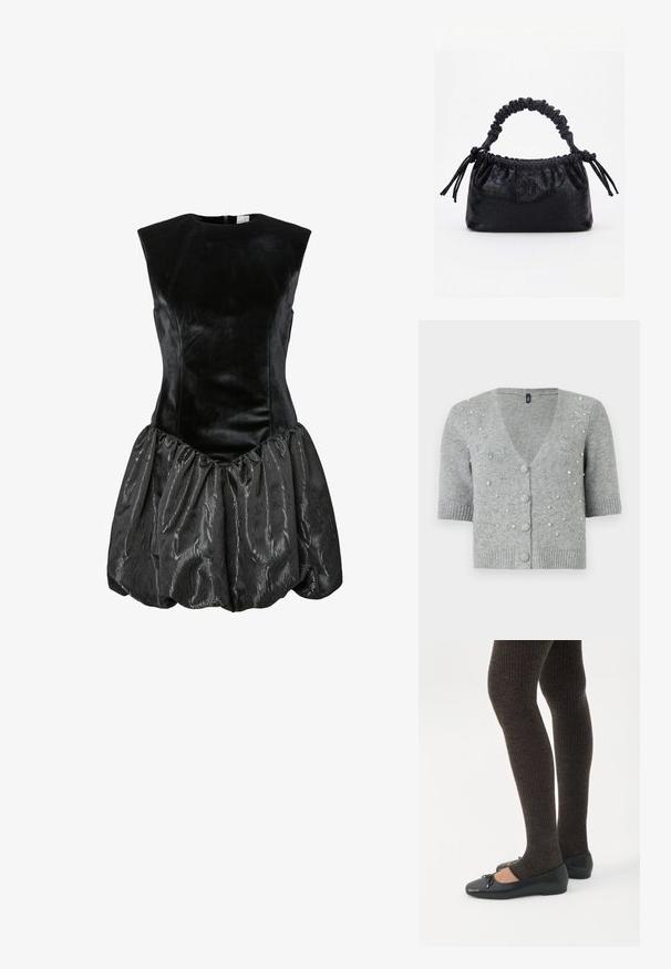 Cárdigan gris de manga corta hecho de material de punto, con cuello en V, cierre de botones y cuentas decorativas en la parte delantera.; Vestido negro sin mangas con un corsé de terciopelo ajustado y una falda de satén texturizada y fruncida con un aspecto brillante. Cierre de cremallera en la parte posterior.; Piernas con leggings oscuros acanalados combinados con bailarinas negras que presentan pequeños detalles de lazo sobre un fondo blanco.; Bolso negro con textura de cocodrilo, borde superior fruncido, asa recogida y cordones con borlas en cada lado sobre un fondo blanco.