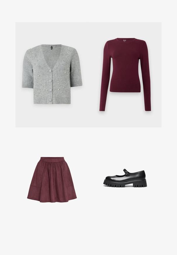 Graue kurzärmlige Strickjacke aus Strickmaterial, mit V-Ausschnitt, Knopfvorriegelung und dekorativen Perlen auf der Vorderseite.; Langärmliges, burgunderfarbenes, figurbetontes Rundhals-Shirt mit schlichtem Design und ohne sichtbare Muster oder Logos, präsentiert vor einem schlichten weißen Hintergrund.; Bordauxfarbene Wildlederrock mit ausgestellter Form, elastischem Bund und zwei Seitentaschen. Er zeichnet sich durch eine weiche Textur und ein minimalistisches Design aus.; Schwarzer Leder-Mary-Jane-Schuh im Stil mit runder Zehe, Knöchelriemen und einer robusten Gummisohle mit geriffelter Detailierung.