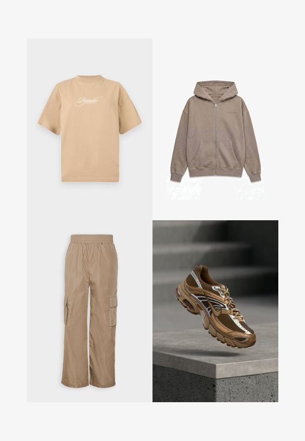 Lysebrun hættetrøje med fuld lynlås, forlommer og et lille præget logo på venstre bryst, vist på hvid baggrund.; Beige bomulds t-shirt med korte ærmer, rund halsudskæring og hvid skråskrift på fronten, der står "Pegador Dreams Come True."; Even&Odd Cargobukser - beige; Brun og tan Nike sneaker med mesh og reflekterende detaljer, der svæver over en betonbeklædning mod en sløret grå baggrund.