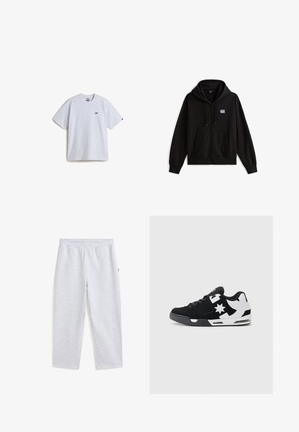 Zwarte zip-up hoodie gemaakt van zachte stof. Voorzien van een capuchon met trekkoord, voorzakken en een klein wit Vans-logo op de borst.; Lichtgrijs T-shirt met korte mouwen, gemaakt van katoen, met een klein zwart logo op de borst en een ronde halslijn. Eenvoudig ontwerp, geen patronen.; Lichtgrijze joggingbroek met elastische tailleband. Zachte stof, rechte pijpen, zonder zichtbare zakken of patronen.; Zwarte en witte sneaker van suede en mesh materiaal. Voorzien van een prominent sterrenlogo en gedurfde accenten op de zijkant, met een gevoerde zool.