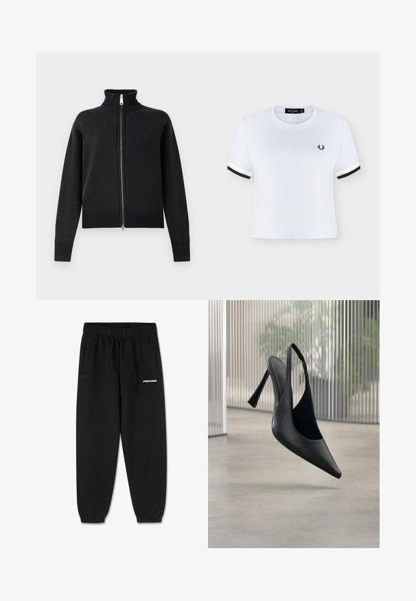 Zwarte gebreide trui met ritssluiting, hoge kraag en geribbelde zoom. Heeft een volledige ritssluiting aan de voorkant en lange mouwen. Gladde textuur met minimale details.; Witte cropped t-shirt met zwarte bies op de mouwen en klein zwart lauwerkranslogo op de linkerborst, ronde halslijn.; Zwarte sweatpants van zacht materiaal, met een verstelbare tailleband, taps toelopende benen en zijzakken. "PEGADOR" logo in het wit op de voorkant.; Zwart leren slingback stiletto hak met puntige neus, zwevend boven een gladde betonnen vloer en verticale metalen paneel achtergrond.