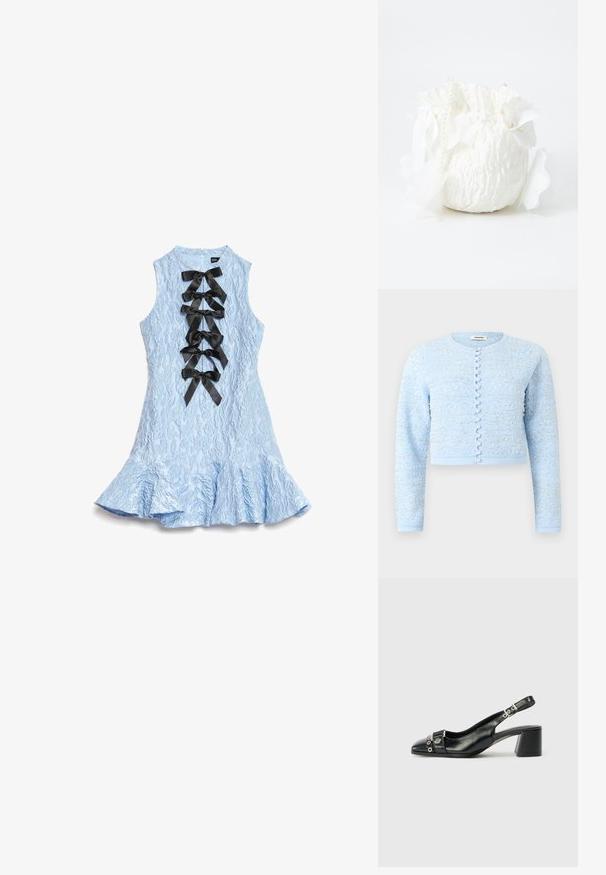 Hellblauer, kurz geschnittener Cardigan mit langen Ärmeln, verziert mit kleinen Perlen und silbernen Perlenmustern, mit perlenähnlichen Knöpfen vorne.; Ärmelloses, hellblaues, strukturiertes Kleid mit ausgestellt geschnittenem Saum und sechs schwarzen Satinschleifen entlang der vorderen Mitte.; Schwarze Leder-Slingback-Pumps mit spitzem Vorderteil, strukturiertem Riemen mit runden metallischen Akzenten und gestapeltem Blockabsatz.; Weißer Stoffbeutel mit strukturierter Oberfläche, ausgestattet mit einem Kordelzug, dekorativen weißen Blütenblättern und einem mit Perlen verzierten Tragegurt.
