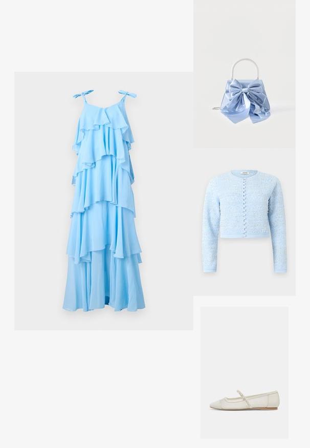 Vaaleansininen lyhyt neuletakki, jossa on pitkät hihat, koristeltu pienillä helmillä ja hopeisilla helmikuvioilla, edessä helmenkaltaiset napit.; Sininen maxi-mekko, jossa on kerrokselliset röyhelöt, säädettävät nauhakiinnitykset ja virtaava siluetti. Valmistettu kevyestä kankaasta, jossa on pehmeä rakenne.; Off-white värinen, teräväkärkinen tasapohjainen kenkä, jossa helmikoristeinen remmi ja matala puukorko, sivunäkymä vaalealla taustalla.; Vaaleansininen käsilaukku, jossa suuri satiininauha edessä ja helmikoristeinen hopeinen kahva valkoisella taustalla.