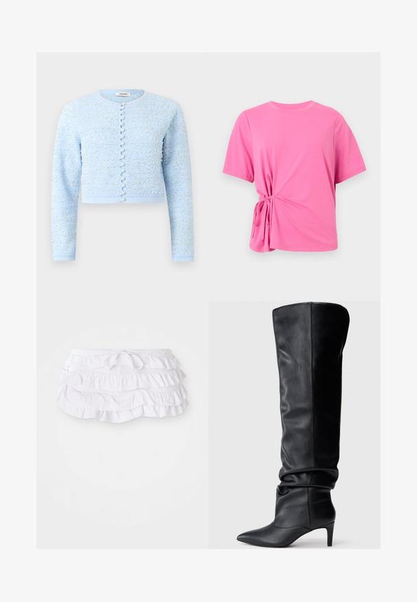 Lyseblå kort cardigan med lange ærmer, pyntet med små perler og sølvperlemønstre, med knapper foran der ligner perler.; Kortærmet, lyserød t-shirt lavet af blødt stof, med en knudedetalje på venstre side for et rynket udseende.; Hvid rynket svømmedragt med flere lag, der har en justerbar snøre i taljen. Blødt stof med en glat tekstur.; Sorte læderknæhøje støvler med spids tå, løstsiddende design og en beskeden hæl. Glat tekstur med synlige syninger.