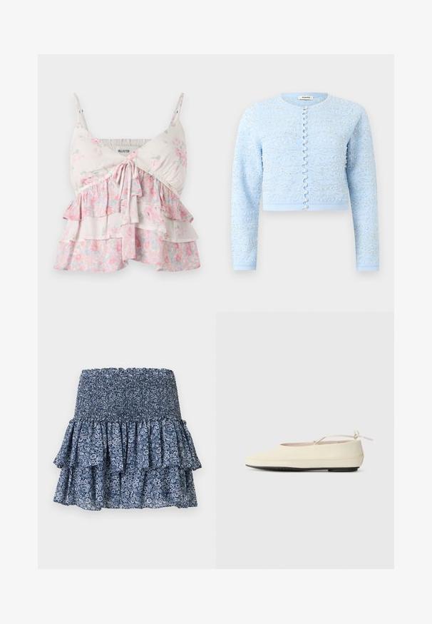 Lyseblå kort cardigan med lange ærmer, pyntet med små perler og sølvperlemønstre, med knapper foran der ligner perler.; Blomster camisole-top med justerbare stropper, med lagdelte flæser i hvide, lyserøde og grønne nuancer; let, blødt bomuldsstof.; Blå blomster mini nederdel med smocket talje og lagdelt flæsekant, letvægtsstof.; Cremefarvede flade sko med rund tå, ankelrem og kontrasterende sort gummisål. Glat materiale med minimal detaljer.