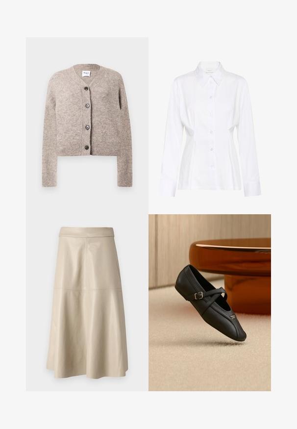Beige gebreide cardigan met een V-hals, geribbelde zoom en lange mouwen. Voorzien van vijf zwarte knopen aan de voorkant. Zachte, gestructureerde stof.; Witte blouse met lange mouwen, knopen aan de voorkant, een puntige kraag, een aangesloten taille en een zichtbaar merklabel "Gestuz" aan de binnenkant van de kraag.; Beige high-waist A-lijn leren rok met zichtbare naden over het midden en vlak bij de tailleband.; Zwarte Mary Jane schoen met een zijgesp en een klein metalen logo, geplaatst op een beige tapijt nabij een bruine ronde tafel.