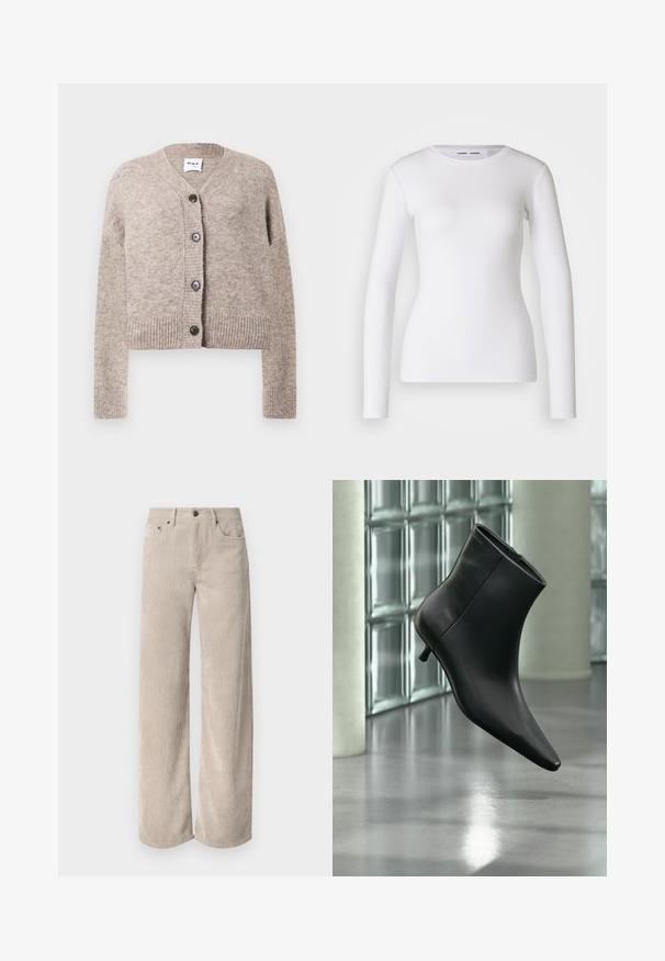 Beige strikket cardigan med v-hals, ribbet kant og lange ærmer. Har fem sorte knapper fortil. Blødt, struktureret stof.; Hvid langærmet skjorte lavet af ribbet stof, med runde udskæring og tætsiddende pasform. Ingen mønstre eller accenter er til stede.; Beige corduroy bukser med vidde og lodrette striber, der har knaplukning og frontlommer. Blødt, tekstureret stof med en afslappet pasform.; Sort læderankelstøvle med spids tå og lav kitten-hæ, vist vinklet mod en poleret gulv- og glasblokvæg.