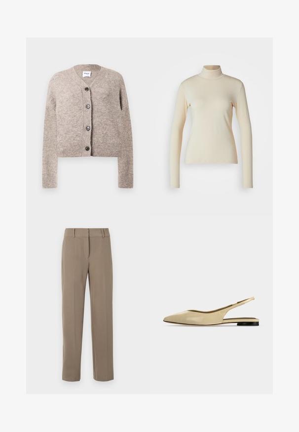 Cárdigan de punto beige con escote en V, dobladillo acanalado y mangas largas. Cuenta con cinco botones negros en la parte frontal. Tejido suave y texturizado.; Top de manga larga de color crema con cuello alto, hecho de una tela suave y elástica; diseño ajustado con cuello alto y sin patrones o acentos visibles.; Pantalones caqui de pierna recta con trabillas para cinturón y cierre frontal de cremallera sobre fondo blanco.; Zapato plano beige con puntera puntiaguda, diseño slingback, tacón bajo negro y acabado en cuero liso, mostrado de perfil sobre un fondo liso.