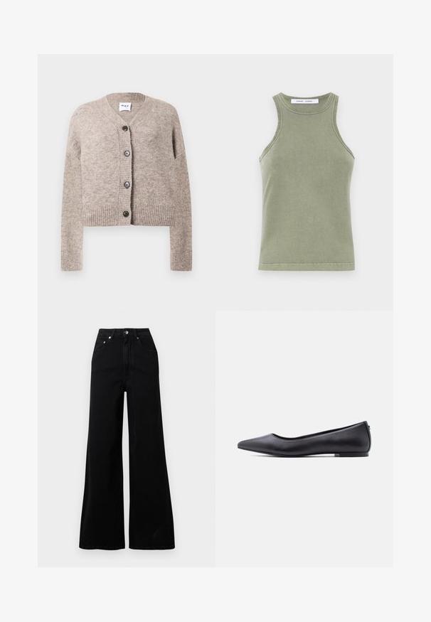 Beige strikket cardigan med v-hals, ribbet kant og lange ærmer. Har fem sorte knapper fortil. Blødt, struktureret stof.; Olivengrøn tanktop lavet af blødt bomuld, med rund halsudskæring, ærmeløs design og syede kanter. Enkel, tætsiddende form.; Sorte jeans med vide ben lavet af denim, med høj talje, fem lommer, knaplukning foran og minimal syning.; Sort flad lædersko med spidst tåparti og lav hæl, vist i sideprofil mod en hvid baggrund.