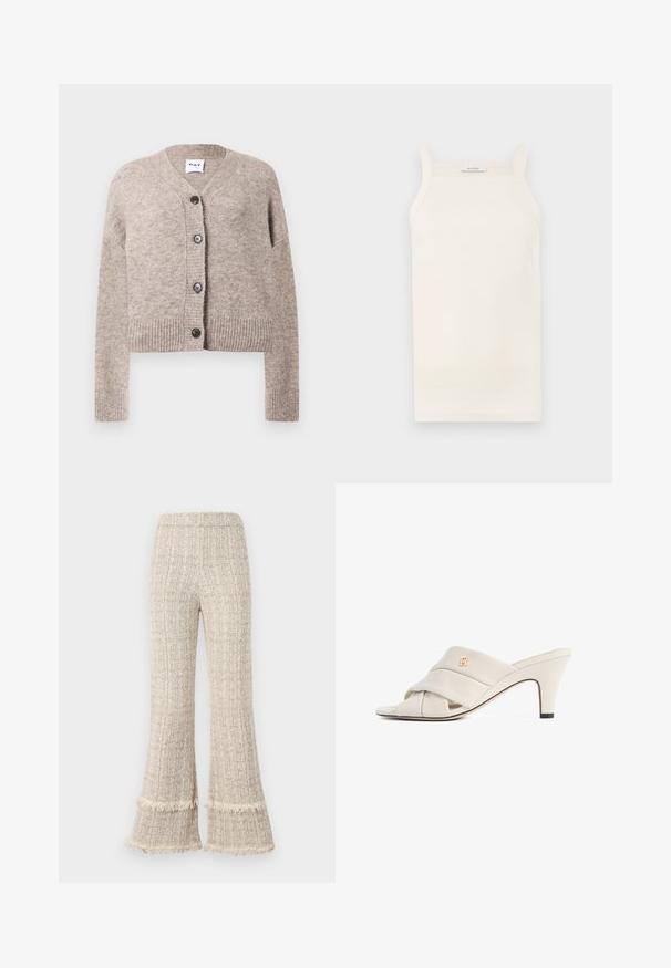Cardigan en tricot beige avec un col en V, un ourlet côtelé et des manches longues. Doté de cinq boutons noirs sur le devant. Tissu doux et texturé.; Débardeur crème à côtes, avec des bretelles fines, une coupe ajustée et un ourlet droit. L'étiquette indique "IVY OAK". Le tissu semble doux et extensible.; Pantalons larges en tissu beige texturé, avec des ourlets frangés et une taille haute. Le design offre une coupe décontractée et un ample tombé.; Mules à talons hauts beiges avec un design de bride en cuir torsadé, bout ouvert et motif de logo en relief. Le talon présente un détail d'embout noir.